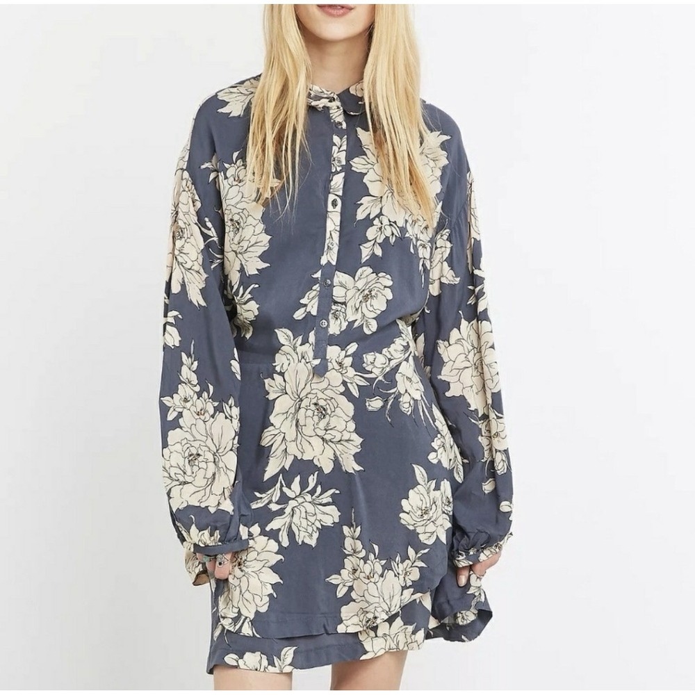 Free People Shake It Dress Large Long Sleeve Collared Drawstring Waist Boho